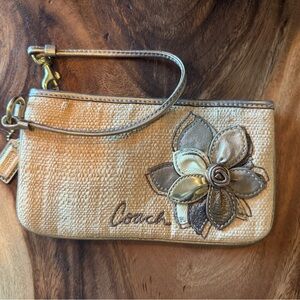 Coach Gold and Tan Wristlet with Floral Design
